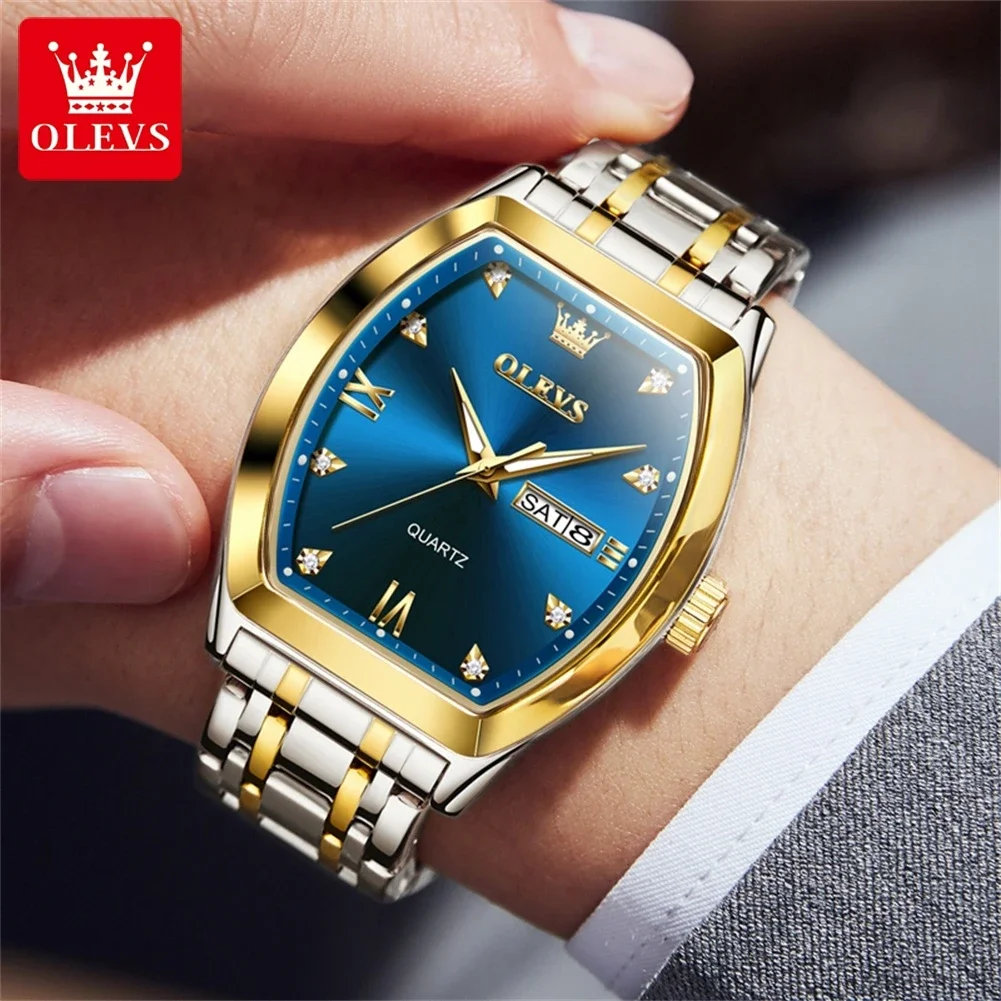 OLEVS Business Tonneau Dial Top Brand Luxury Stainless Steel Quartz Watch Men Date Clock Waterproof Wristwatch Relógio Masculino