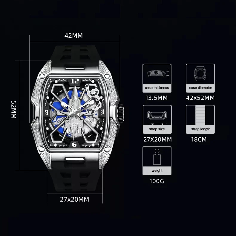 HANBORO-Reloj Automático para hombre, pulsera mecánica de lujo, caja Tonneau luminosa, resistente al agua hasta 50M, Fondo de planeta que puede rotar, 52mm