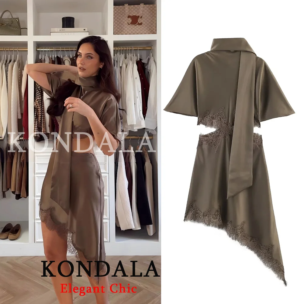 KONDALA Damen Trendiges Mini-Kleid mit Spitzen-Vintage-Kragen Asymmetrisches Kleid Neue Mode 2026 Frühling Sommer Urlaub Party-Kleid