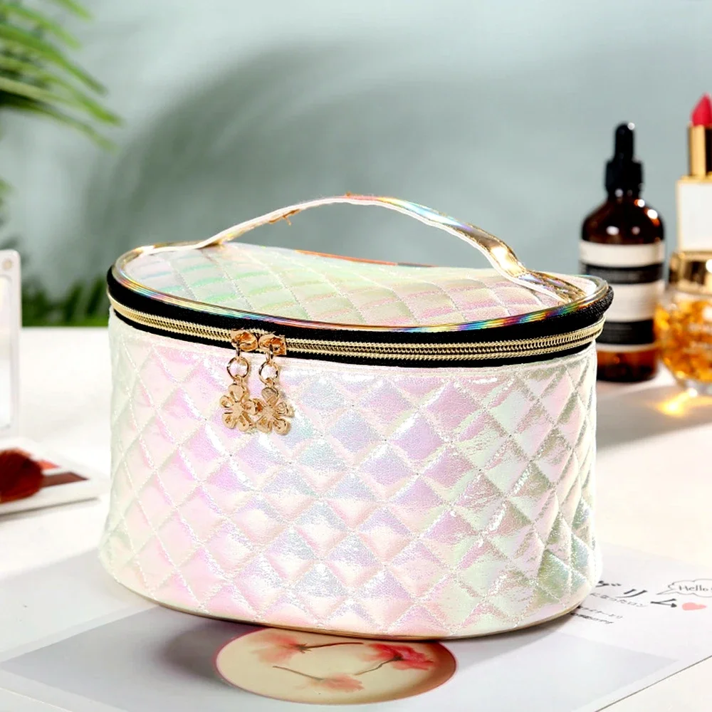 Leather Argyle Women Cosmetic Bag with Mirror Multifunction Travel Toiletry Storage Organize Portable Handbag Makeup Case