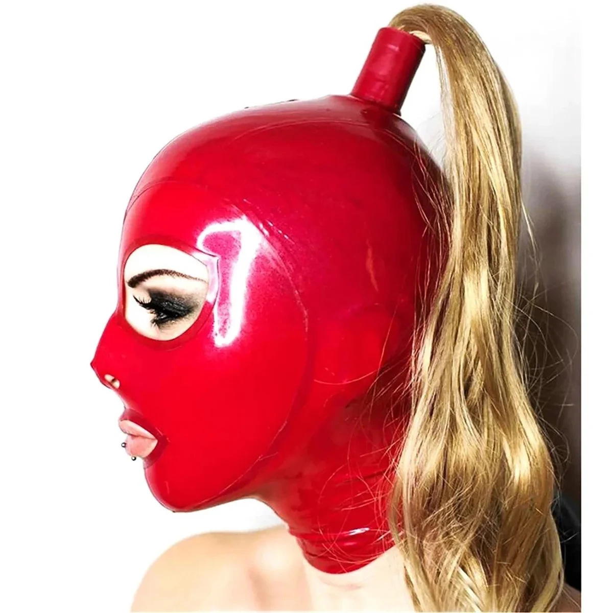 Sexy Latex Hood Red Wig Rubber Mask Handmade Halloween Cosplay Costumes for Men Women