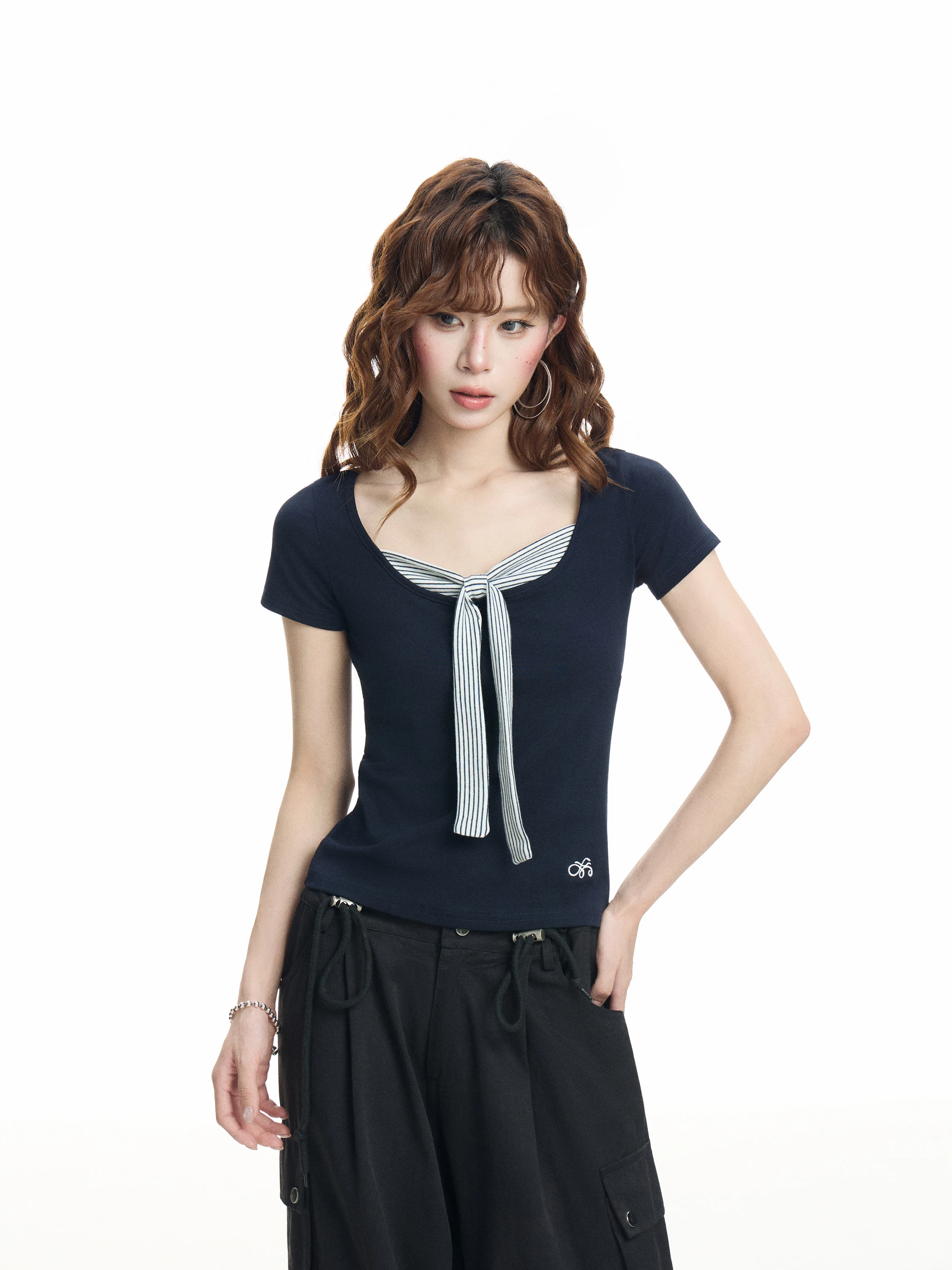 Slim Fit Striped Short Sleeve T-Shirt Women Summer Design Sense Square Collar Fake Two-Piece Upper Body Korean Style Commute