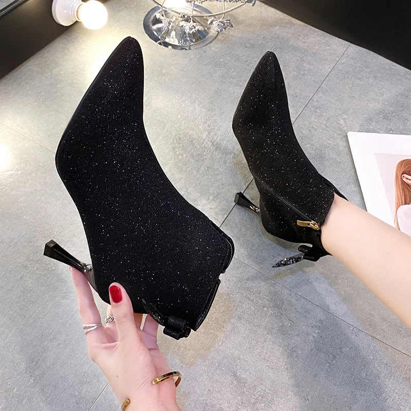 Fashion All-match Short Boots Women's Spring and Autumn New Pointed Toe Stiletto Comfortable Back Zipper Nude Color Boots