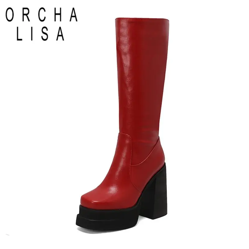 

ORCHALISA Women Riding Boots Square Toe Chunky Heels 12cm Double Platform 4cm Zipper Big Size 42 43 Fashion Dating Knee Booties