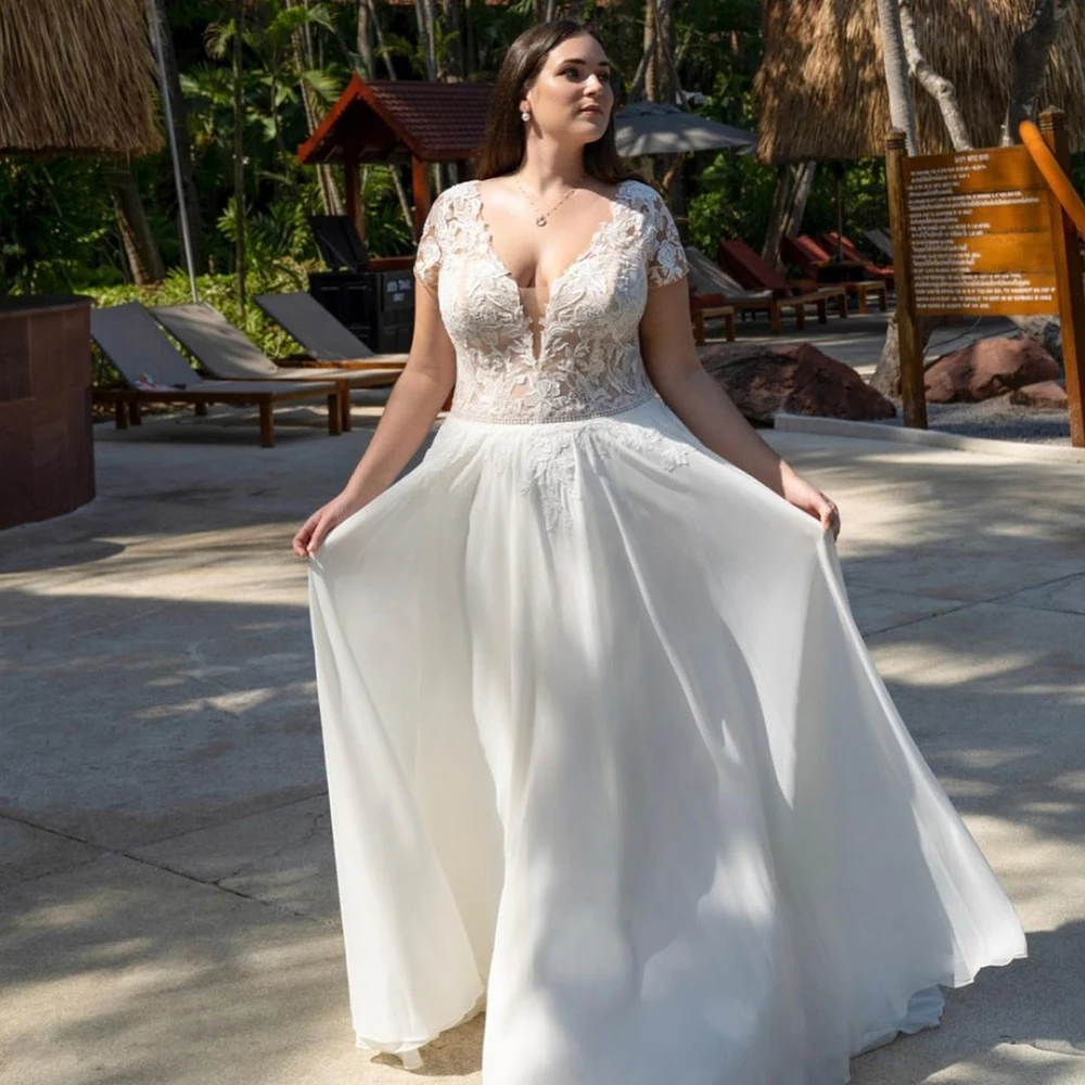 

Msikoods Boho Sexy V Neck Wedding Dress For Brides Plus Size Lace Appliques Open Back Beach Bridal Gowns With Sweep Train