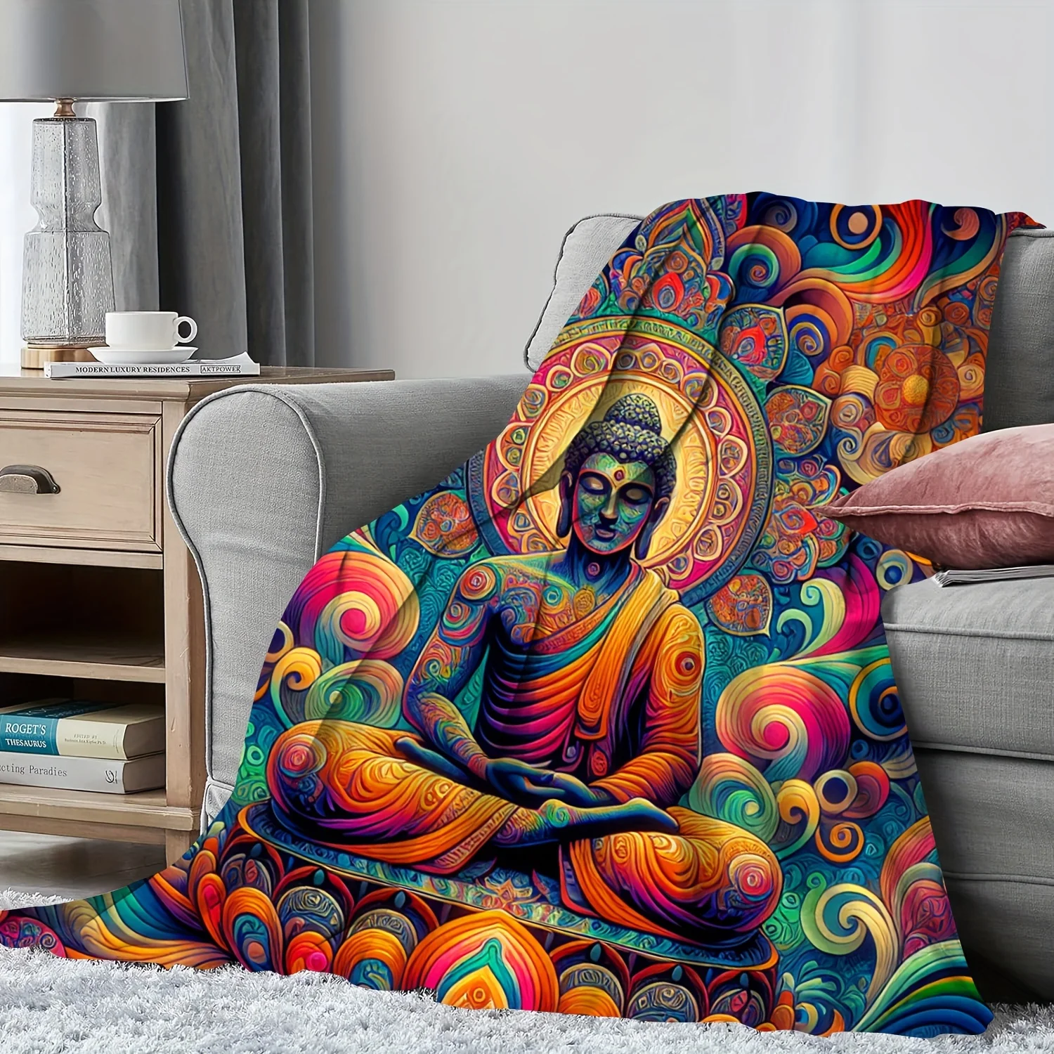 Bright Buddha pattern Flannel printed blanket suitable for all seasons suitable for living room office sofa and travel 180x250CM