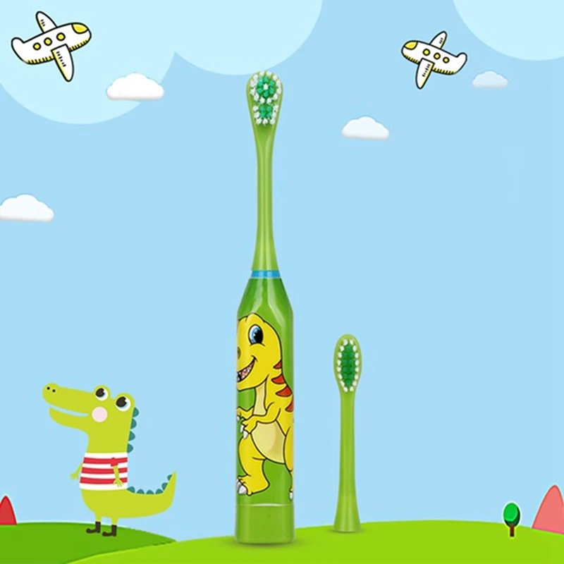 SANQ 2Pcs Children Electric Toothbrush Cartoon Pattern Double-Sided Electric Teeth Brush For Kids With 4 Pcs Head Green & Red