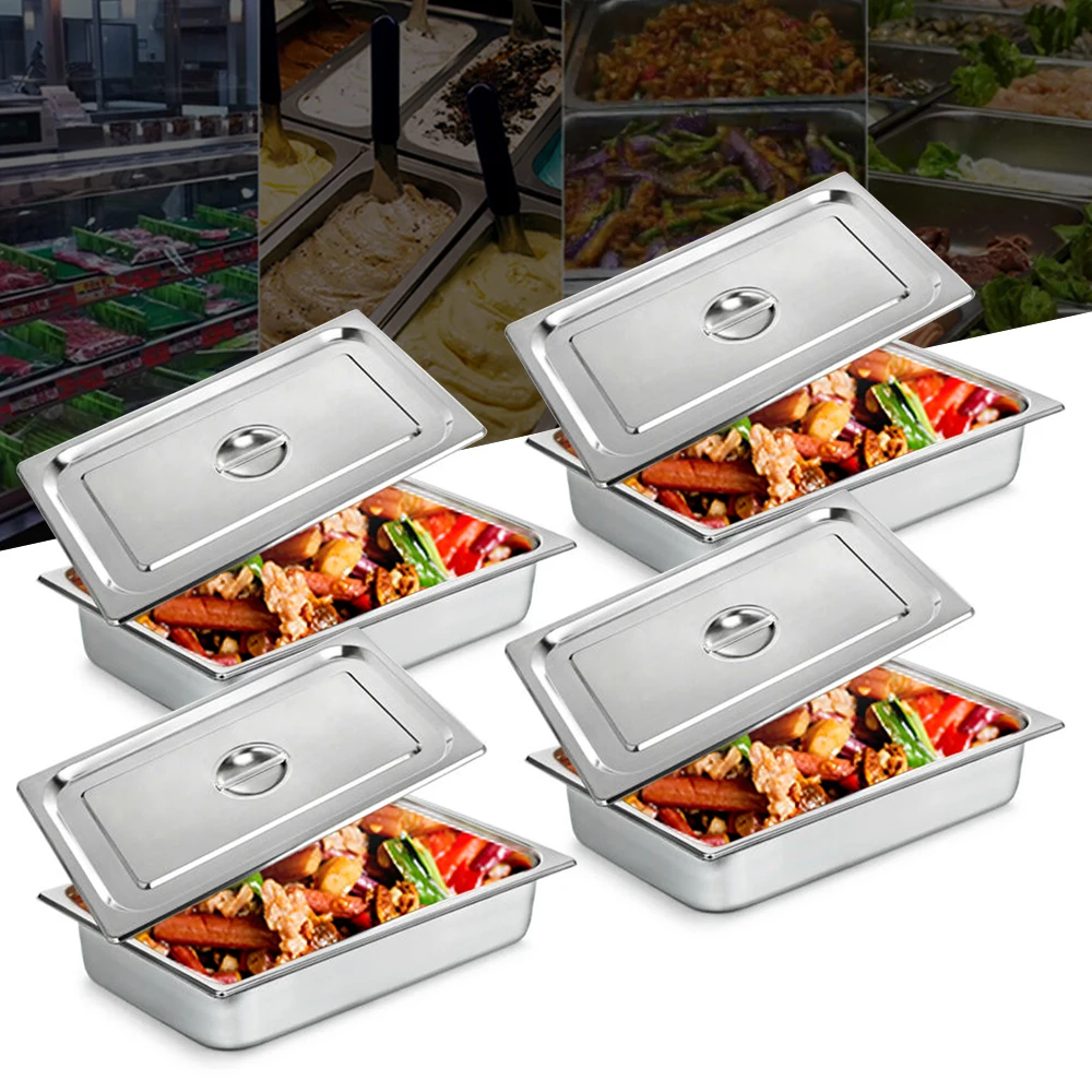 4 Pcs Food Pans Set Stainless Steel Commercial Table Pan Pack Pans with Lid Hotel Buffet Food Pan