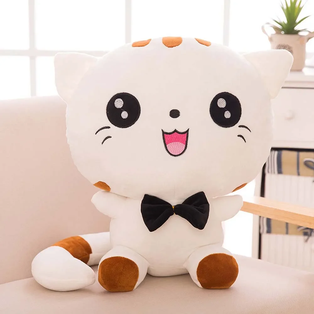 Juguetes de peluche de gato de cara grande Kawaii, animales de peluche lindos, pajarita, almohadas de gato Lovly Smile, muñecas de peluches de gato,