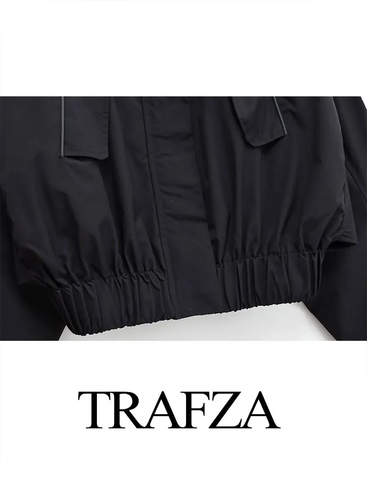 TRAFZA 2024 ฤดูใบไม้ร่วงHoodedเสื้อแจ็คเก็ตผู้หญิงแฟชั่นหลวมZipper Fly Croppedแจ็คเก็ตผู้หญิงด้านบนกับกระเป๋าหญิงเสื้อ
