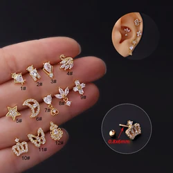 1Pc 20G Moon Crown Cartilage Stud Earrings For Women Surgical Steel CZ Crystal Helix Tragus Conch Rook Ear Piercing Jewelry