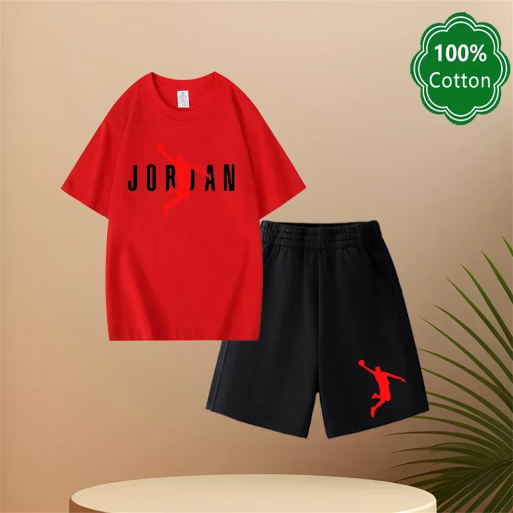 Summer New 3-14 Years Old Top Design Classic Set 100% Cotton Jordan Print T-shirt Casual Shorts Harajuku Boys/girls Gift