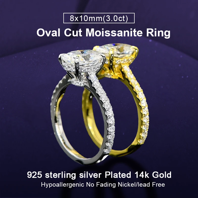 IOGOU 3.0CT Oval Cut Moissanite Engagement Wedding Ring for Women Real 925 Silver Classic Ring 10x8mm Lab Diamond Finger Jewelry