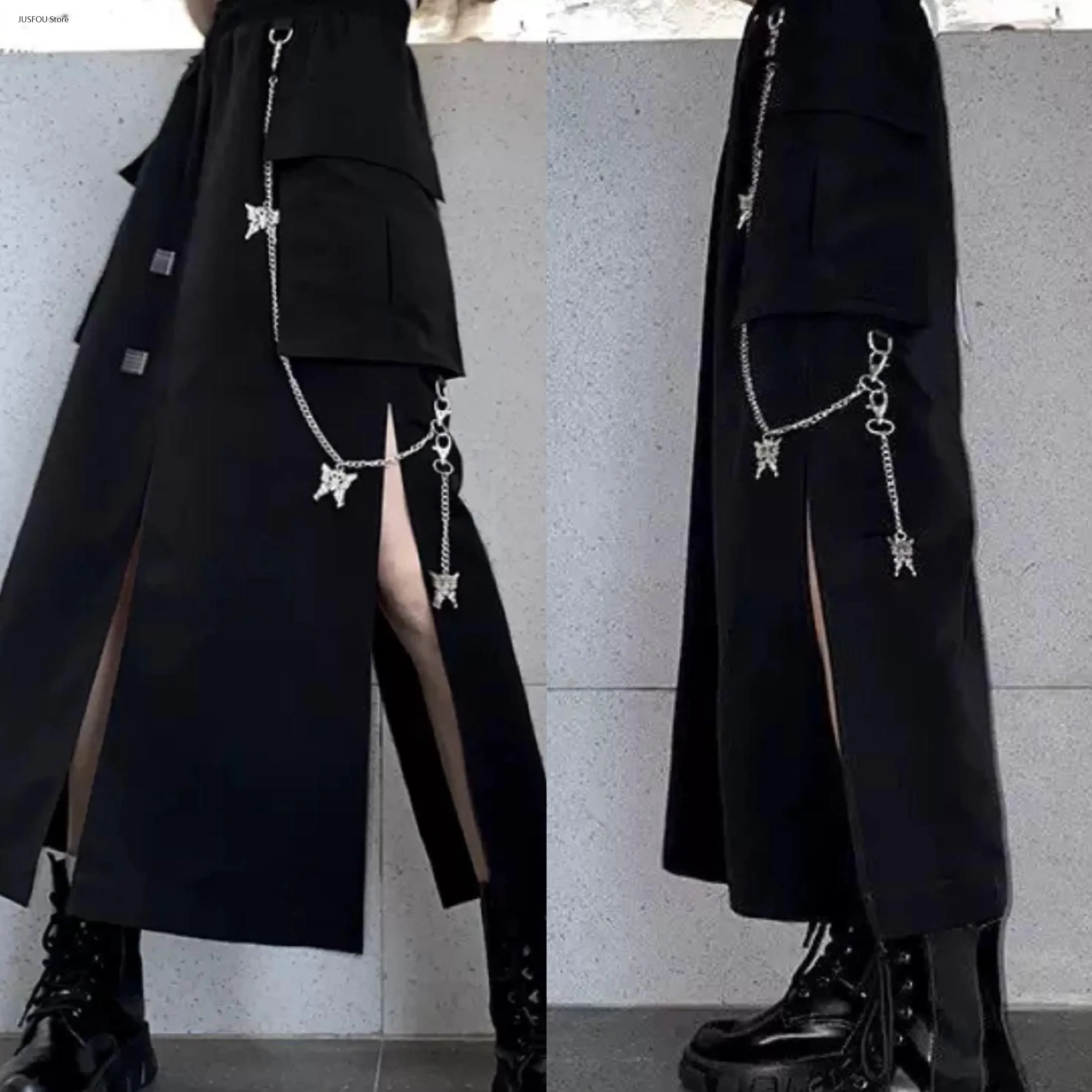 Stylish Black Long Skirt Metal Chain Decoration Side Slit Hem Korean Streetwear Casual Plus Size Women Spring Autumn Outfit