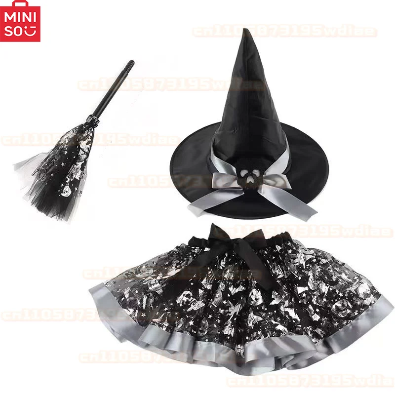 MINISO ハロウィン ガールズ 魔女 コスプレ衣装セット 3ピース バット パンプキン プリント チュチュドレス マッチングハット ほうき ネット ガーゼスカート 衣装