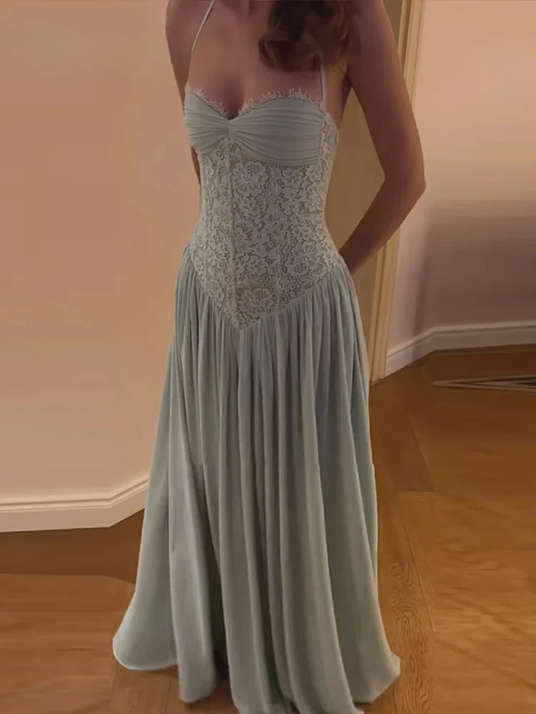 2026 Summer Lady Evening VestidoesElegant Women's Lace Patchwork Bandage Halter Long Dress Sleeveless Backless Mesh Dresses