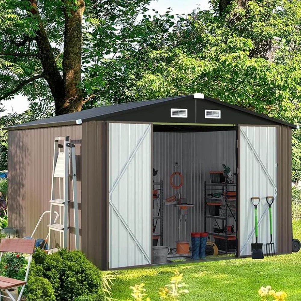 

9.4x7.3x6.5 FT Outdoor Storage Shed, Garbage Can, Outdoor Metal Shed for Tool, Garden