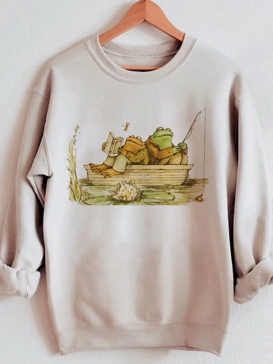 Cute Cartoon Retro Two Frogs Fishing By Boat in The Lotus Pond Print Women Sweatshirt Vintage Fashion Comfort Casual Female Tops