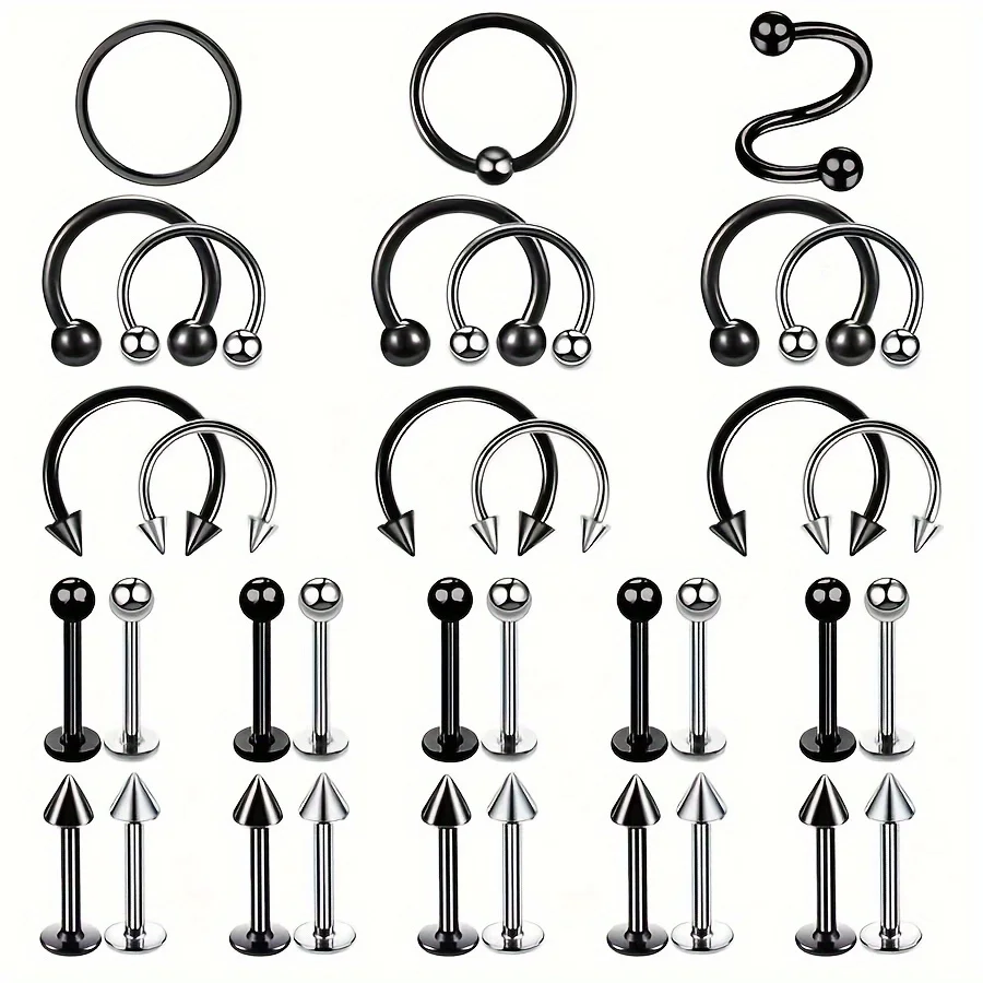 1pcs/35pcs Stainless Steel Fashion S-shaped Nose Ring Simple Horseshoe Ring Flat Bottom Lip Nail Body Piercing Jewelry For Men