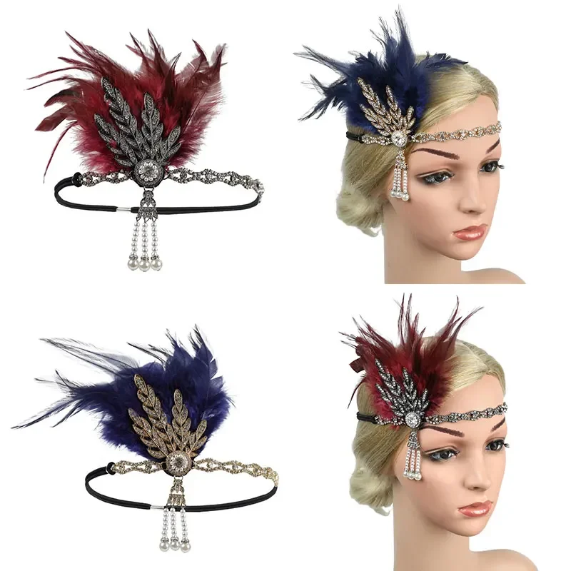 Diadema de plumas para mujer, diadema de Flapper, tocado Vintage, fiesta de disfraces, diadema de plumas de diamantes de imitación, accesorios para el cabello