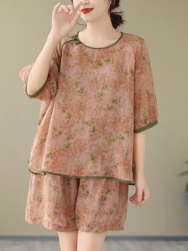 Ele Set irt orts con stampa in cotone e lino Completo estivo Faion da donna Completo in due pezzi con bottoni e dettagli