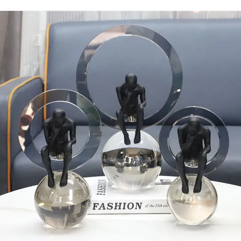 Crystal Ring Thinker Figures Sculpture Crafts Ball Base Ornaments Desk Decoration Abstract Character Statue Modern Decor