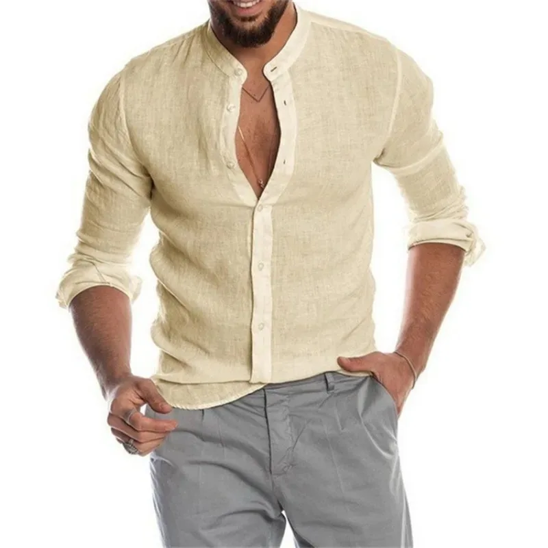 8 Colors!2024 Spring and Summer New Men's Solid Linen Stand up Cardigan Long sleeved Loose Men's Shirts