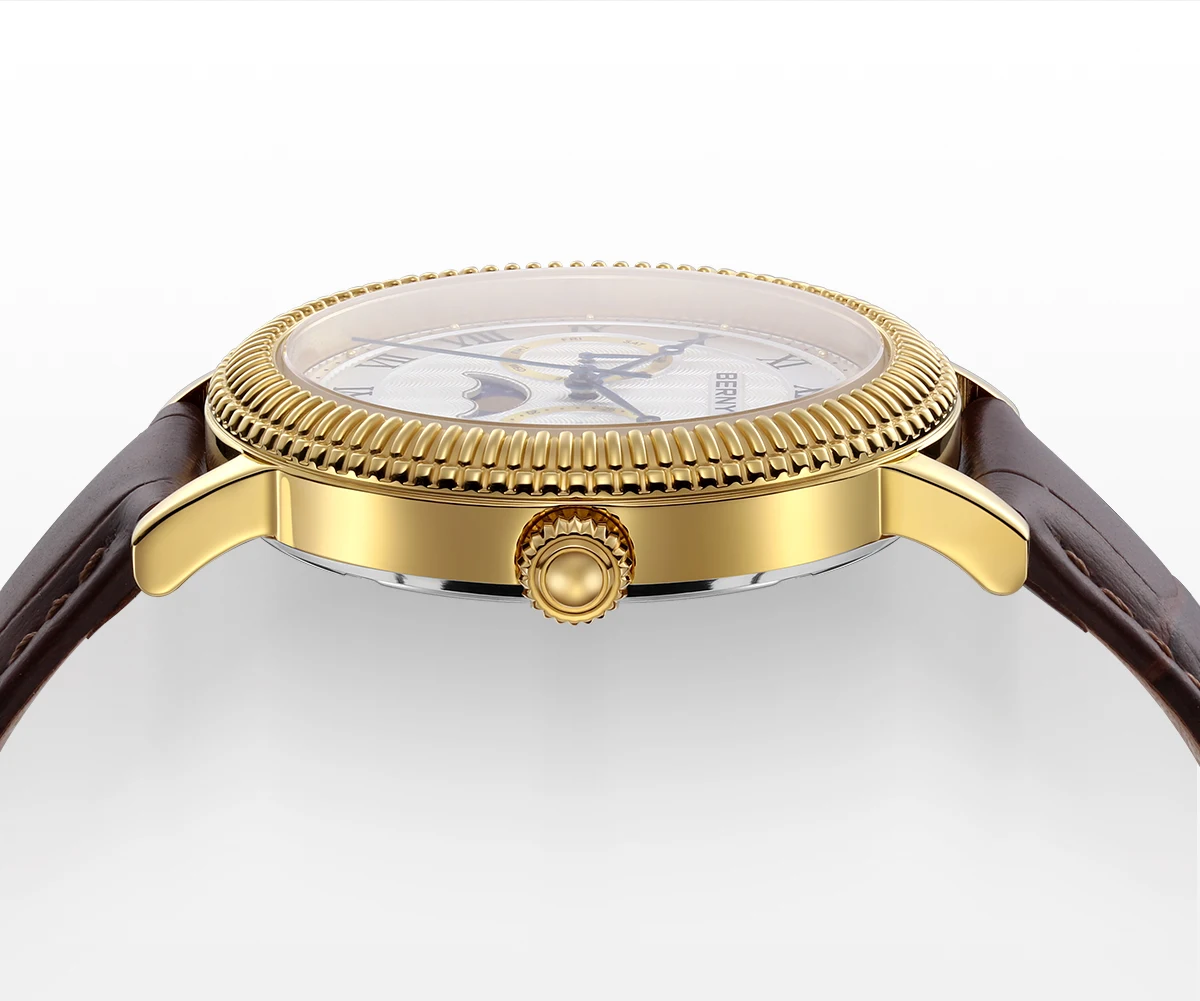 BERNY Uhren für Herren, Luxus-Kleidermarke, Business, Gold, Quarz, echte Monde, Herrenuhr, S/S, Saphir, Kalender, Mondphase-Armbanduhr – Detail 5