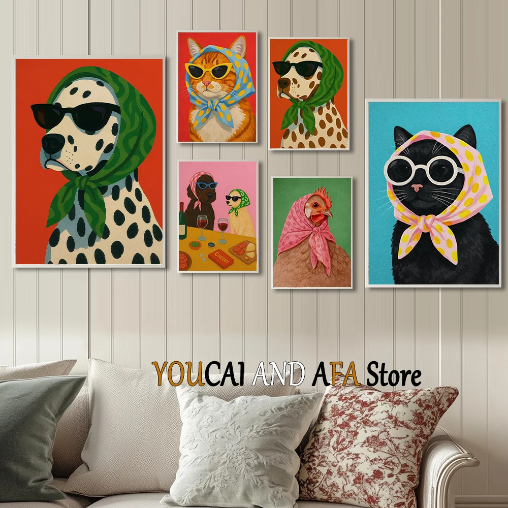 Funny Dog Cat with Headscarf Farmhouse Animal Chic Retro Scarf Kitty Funny Bar Poster Canvas Painting Wall Pictures Home Decor