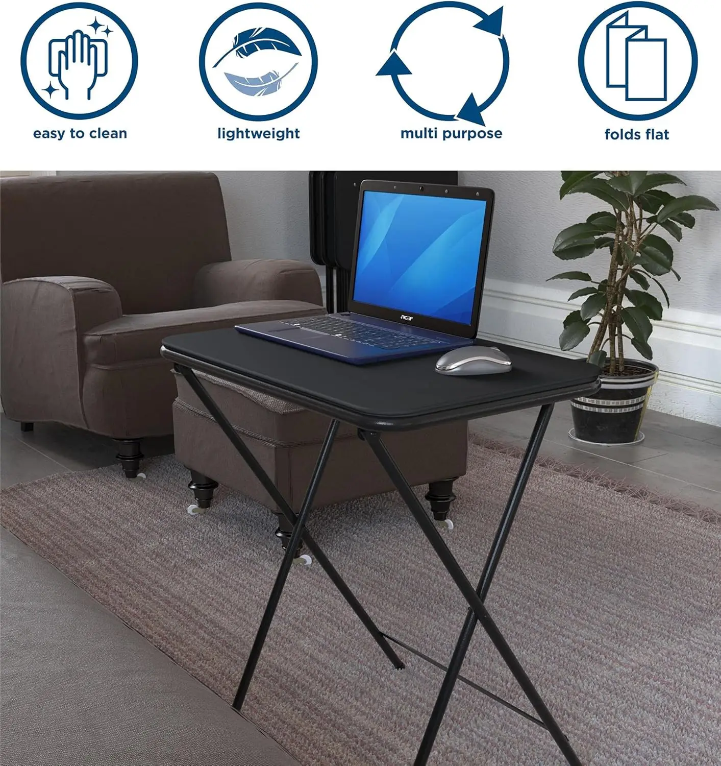 5-Piece Folding Vinyl Top TV Tray, Black with Storage Rack Multi-Purpose for Snacks Portable Workspace 1-Pack