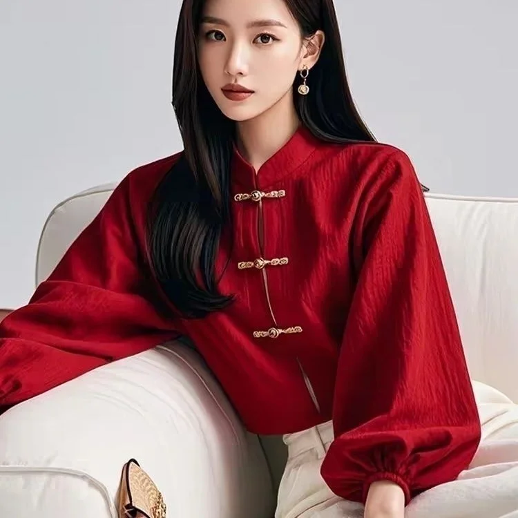 Robe longue décontractée en polyester pour femme, style chinois, printemps-automne, avec boutons, manches lanternes