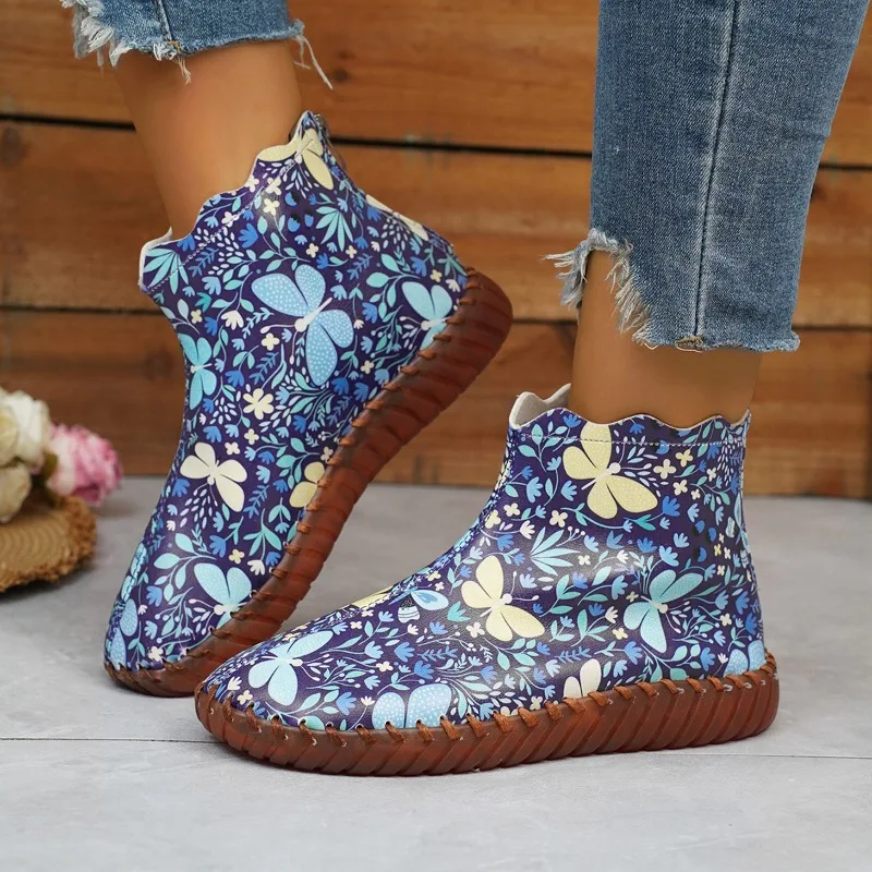 Hand-sewn Women Shoes 2023 New Ethnic Print Women\'s Boots Comfortable Round Toe Casual Flat Boots Fashion Zipper Platform Boots