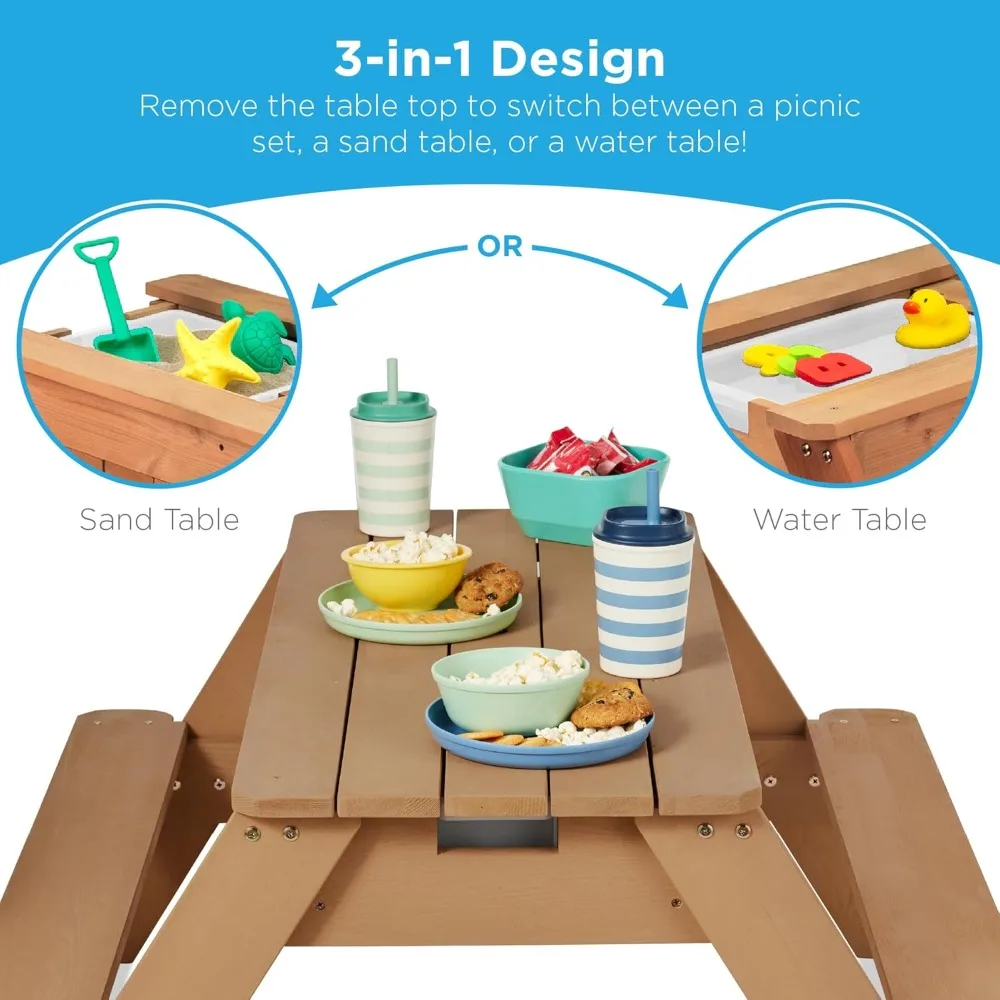 Kids 3-in-1 Sand & Water Table, Wood Outdoor Convertible Picnic Table w/Umbrella, 2 Trays, Removable Top - Natural/Dark Pink