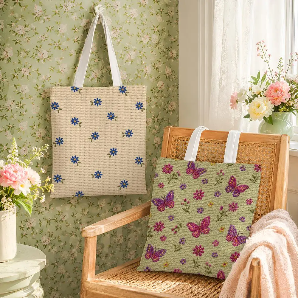 BOHO SUMMER EMBROIDERY Storage Bags Reusable Canvas Tote Large Capacity Shoulder Carry For Shopping Travel Work School