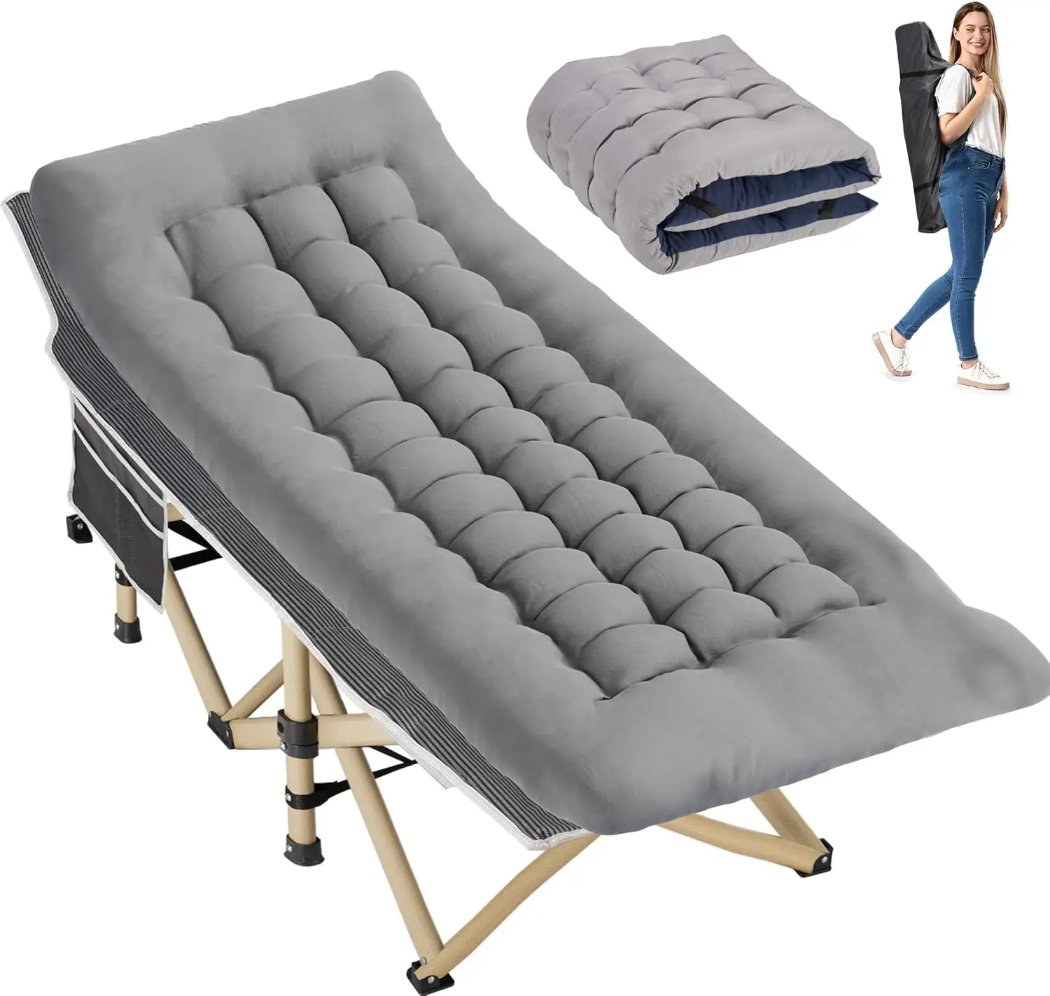 

Folding Camping Cot for Sleeping, Portable Cots for Adults, Heavy Duty Cot Bed 550LBS(Max Load), Extra Wider Cots with Large Poc