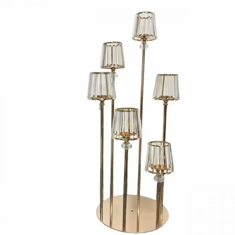 4 Piece Set Gold Metal 6 Arm Cluster Candle Stand Crystal Table Centerpiece for Halloween Party Wedding Banquet Event Decoration