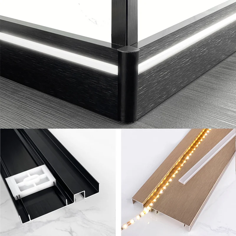 H80mm LED Skirting Board Line Aluminum Profile Baseboard Milky PC Diffuser Channel Brushed Black Skirting Linear Corner Bar Lamp