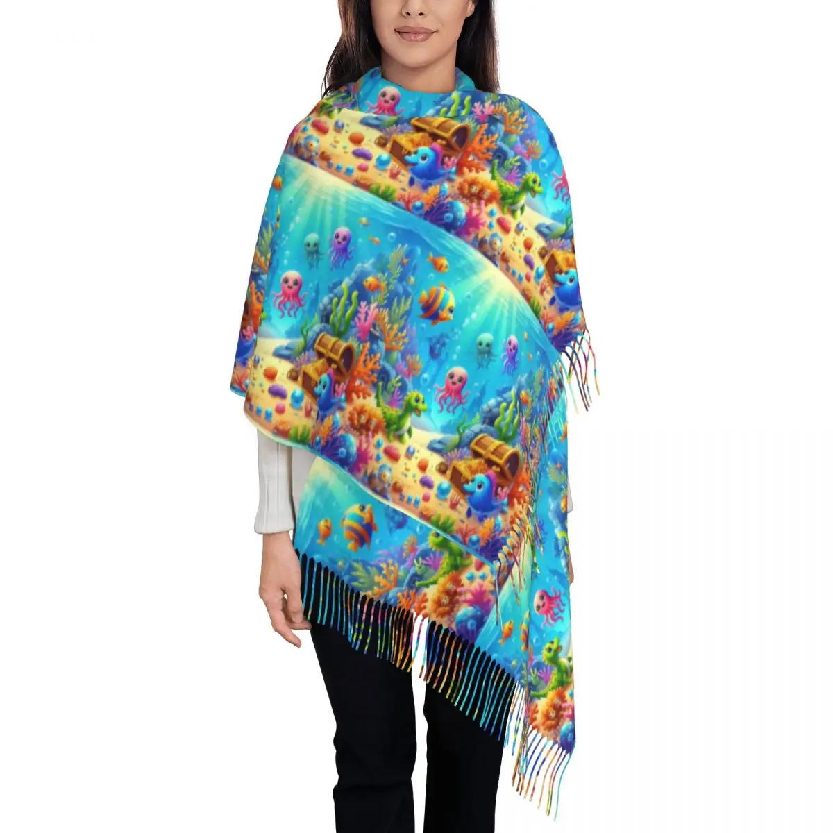 Custom Animated Sea Creatures Tassel Scarf Women Winter Warm Shawl Wrap Female Finding Nemo Scarves