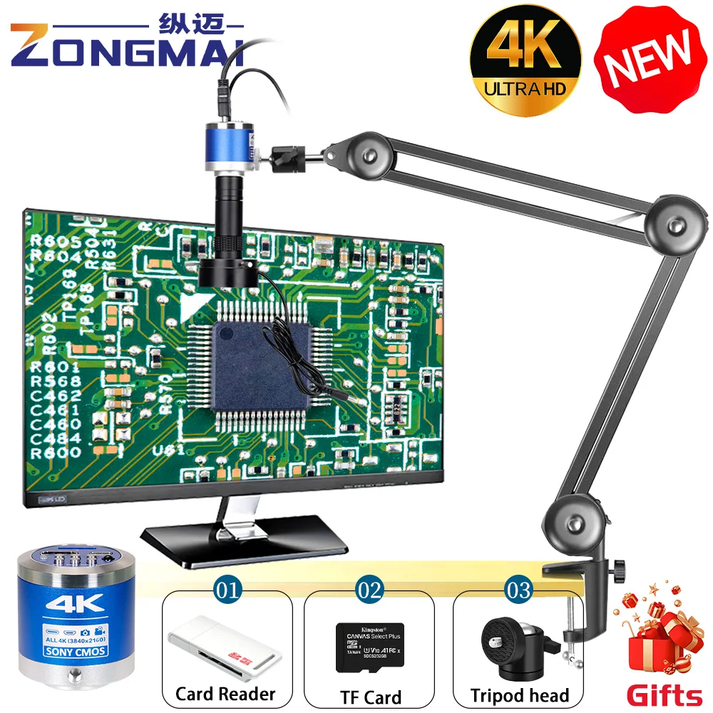 ZONGMAI 4K full HD Industrial microscope C-Mount Digital Camera PCB welding mobile phone repair enhanced stand microscope