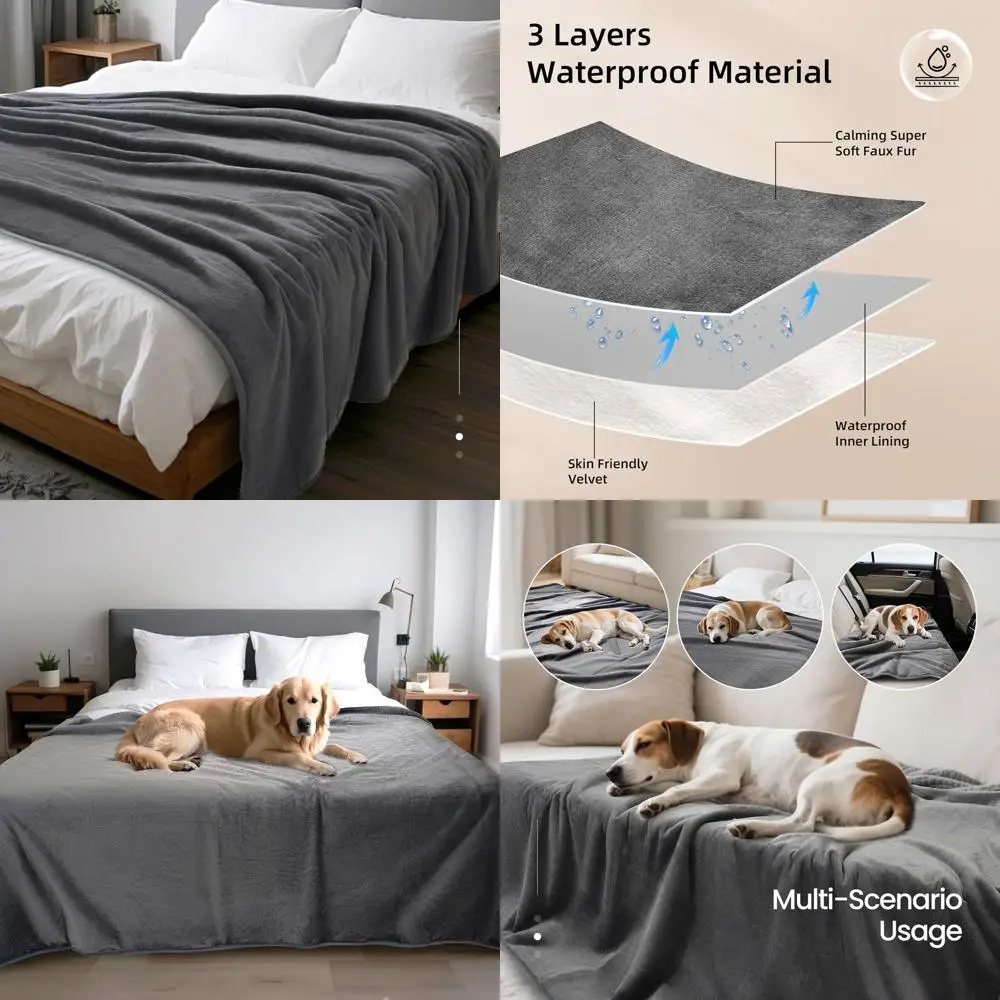 

Waterproof Dog Blanket for Couch,Pee Proof Pet Blanket with 3-Layer Protection,Reversible Sherpa & Flannel Furniture Protector f