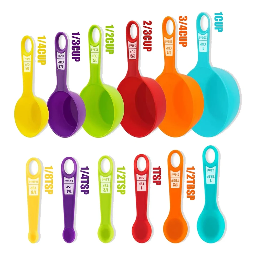 Ensemble de cuillères de mesure standard en plastique, outils de mesure de cuisine colorés, idéal pour la cuisson et la cuisson (document aléatoire), 12 pièces