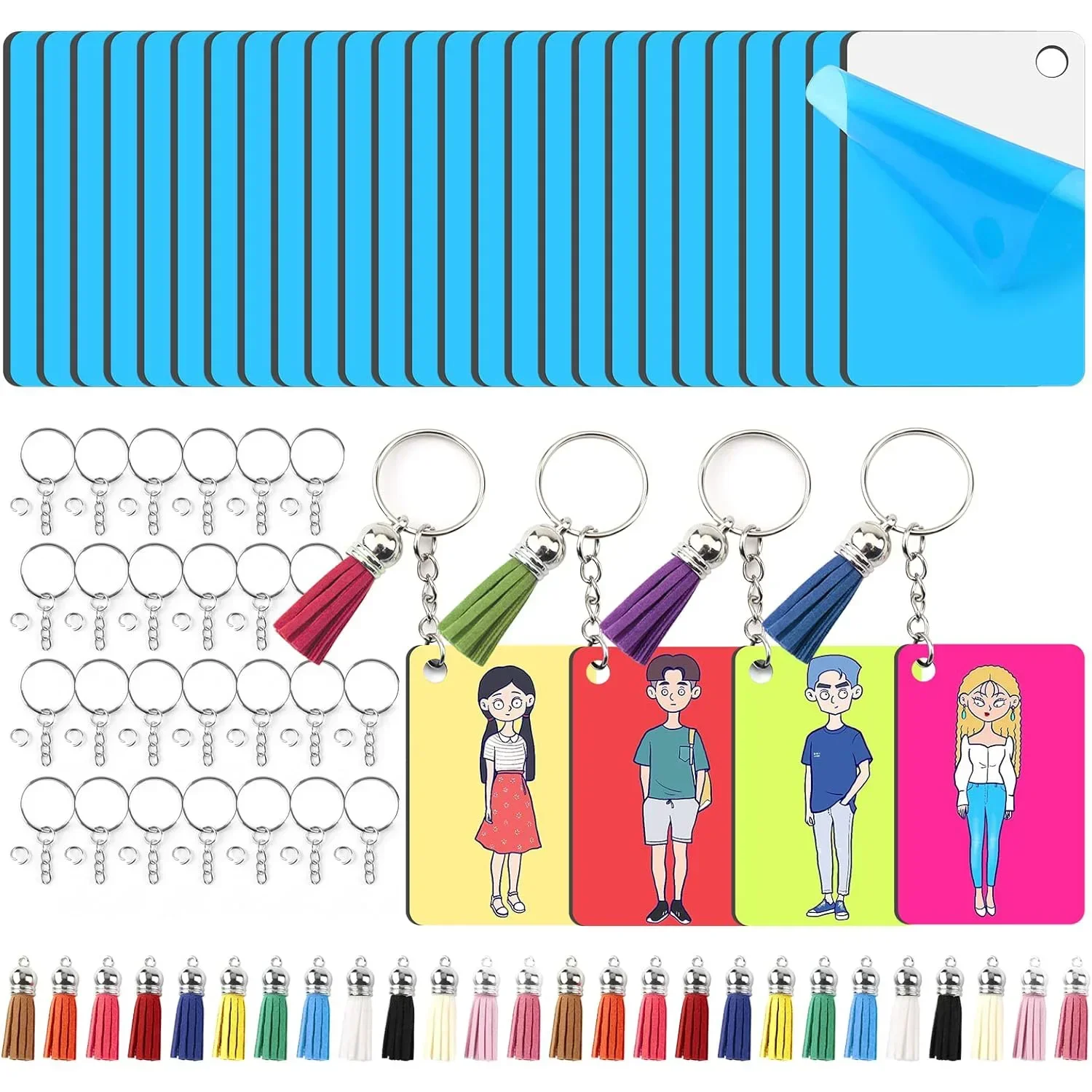 30 Kits 120pcs Bulk Sublimation Keychain Blanks with Blue Film - MDF Rectangle with Tassels - Double-Sided Heat Transfer