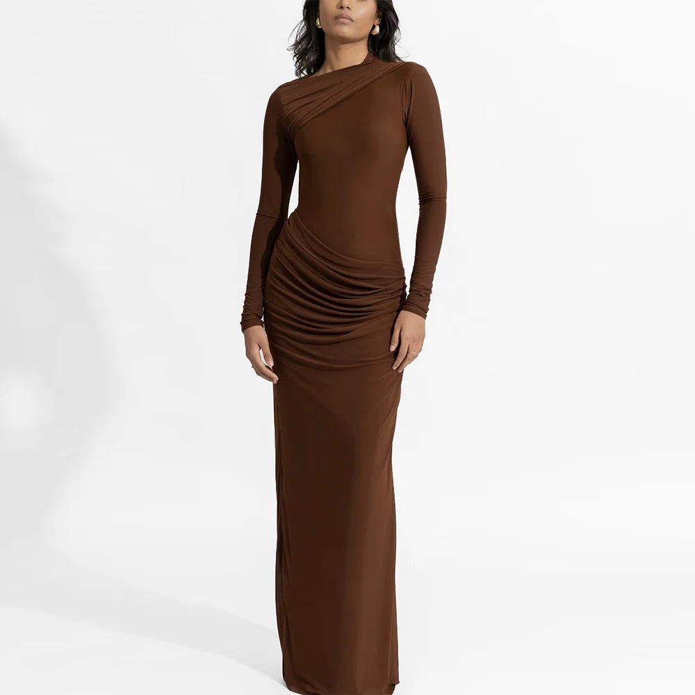 

Sexy Autumn Formal Dresses Spandex Sheath/Column Evening Dress Brown O-Neck Pleat Backless Criss-Cross Party Gown Long 2024