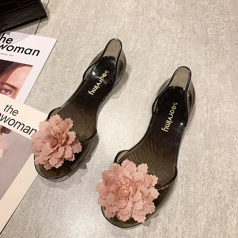 

Ballet Flats Women Shoes with Flower PVC Jelly Sandals Summer 2025 Elegant Fashion Beach Ladies Slippers Beach Casual Shoes
