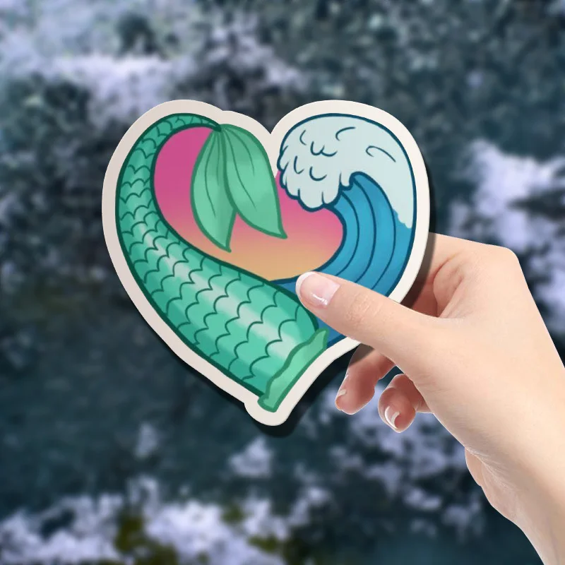 Beautiful fish tail heart-shaped sticker decorated with waves and fish scales, suitable for decorating laptops and water bottles