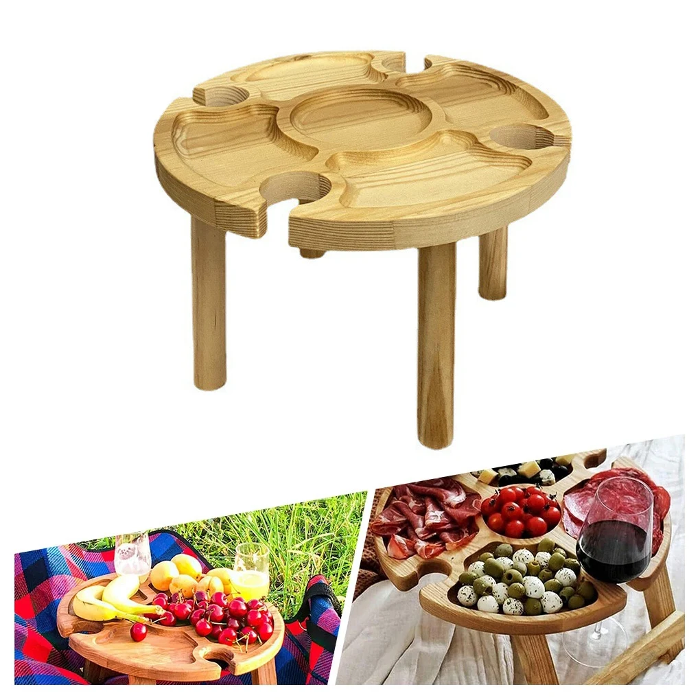 Wine Table Outdoor Folding Glass Holder Wooden Portable Wine Desk for Camping Picnic, 24x15cm