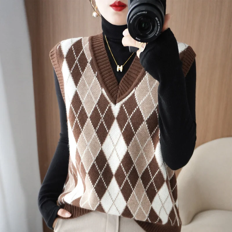 Sweater Vests Women Argyle Preppy Style Design Loose College Girls Sleeveless Knitting Young Ins V-neck Vintage Simple Leisure