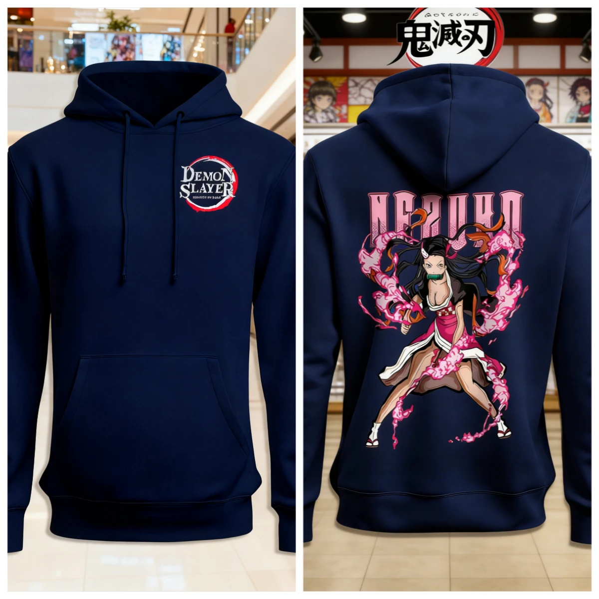 เสื้อฮู้ดผ้าฝ้ายลายอนิเมะดาบพิฆาตอสูร สีชมพู พิมพ์ลายตัวละครผมยาว ตาสีแดง ท่าทางดุดัน ลายเอฟเฟกต์เปลวไฟ สไตล์ลำลอง