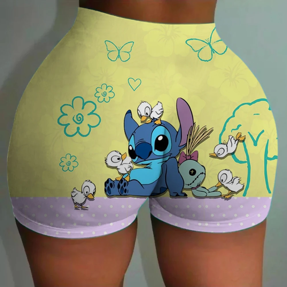 Spodnie do jogi z wysokim stanem dla kobiet, modelujące i podnoszące pośladki, dopasowane, z nadrukiem Disneya Stitch, szorty sportowe.
