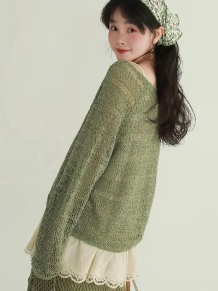 Hollow Out Knitted Cardigan Women Autumn New V Neck Bandage Loose Long Sleeve Sweater Fashion Versatile Y2k Jumper Tops
